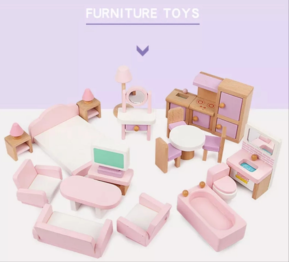 22 Piece Wooden Dollhouse Furniture