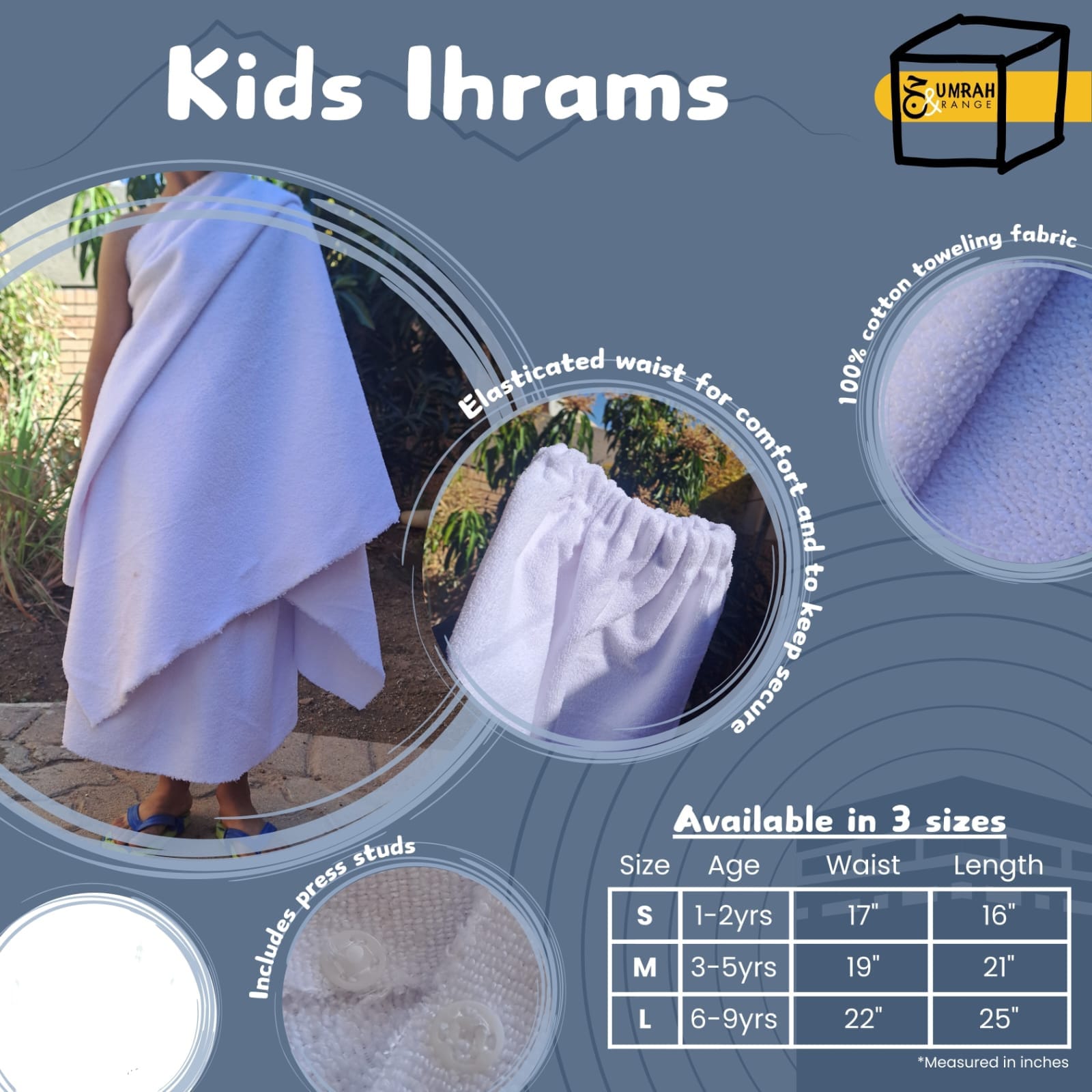 Boys Elasticated Ihrams:Includes Press Studs