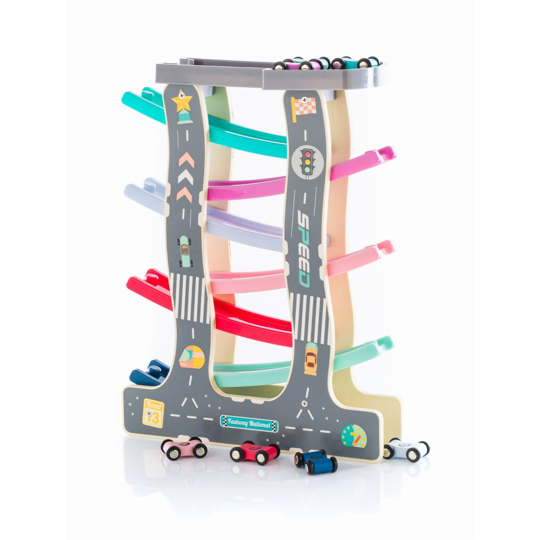 Wooden Racing Car Track Set with 7 Cars