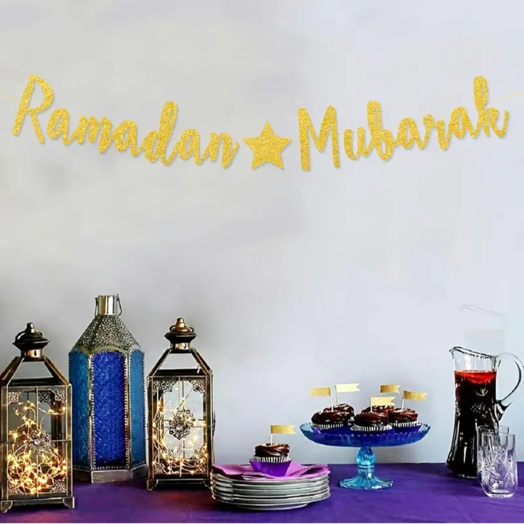 Gold Ramadan Mubarak Glitter Banner