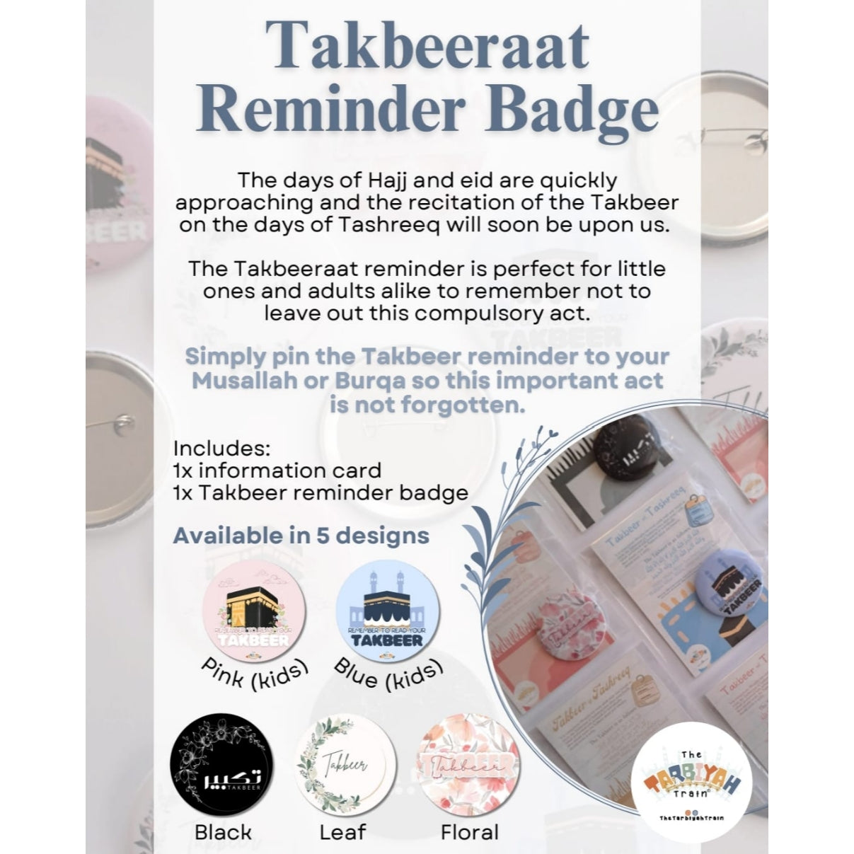Takbeerat Reminder Badge: Simply pin the Takbeer reminder to your Musallah or Burqa